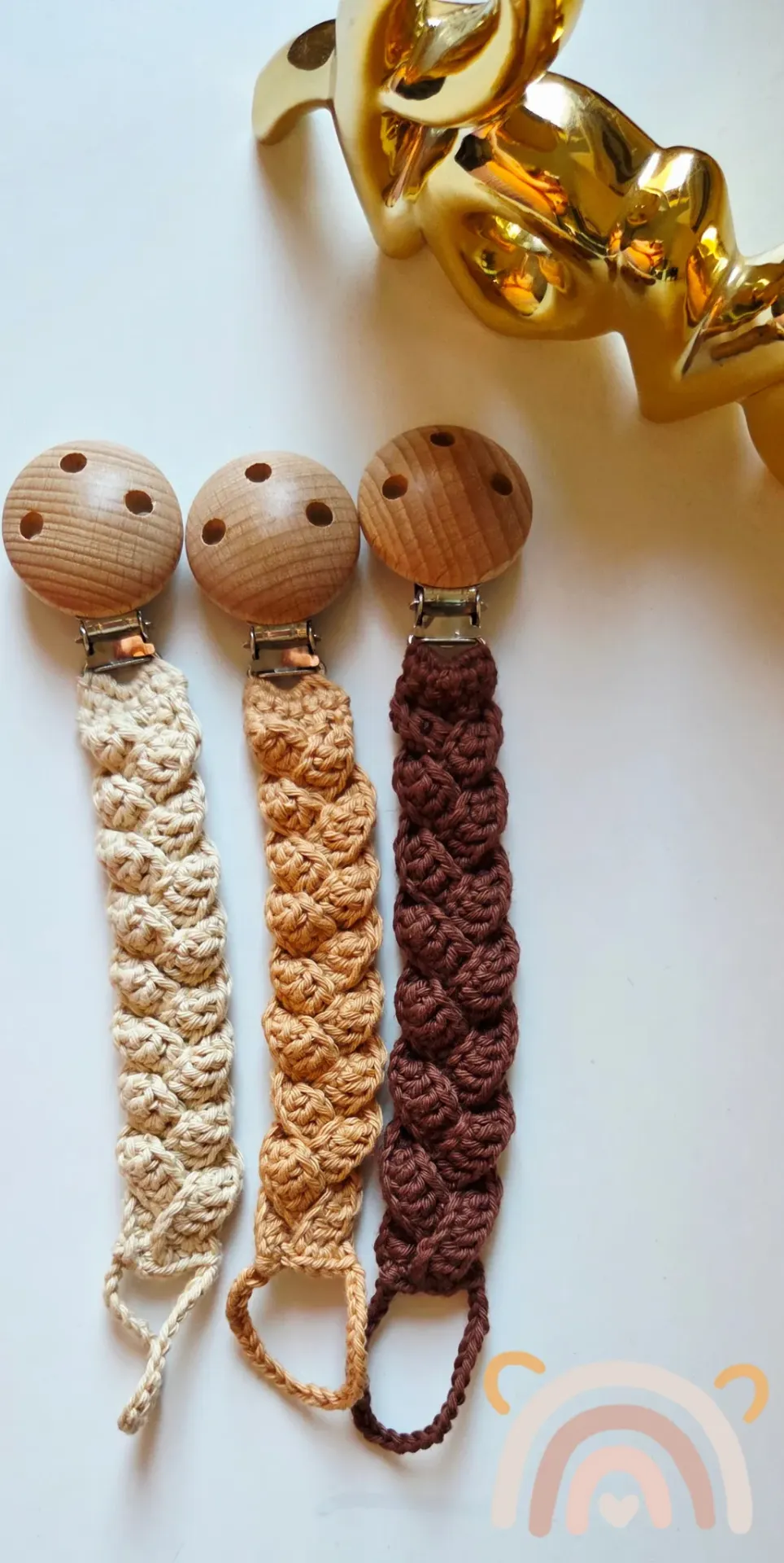 3 attaches tétines en crochet tons marrons